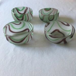 Frosted Glass 4 Small Bowls Swirled Green Brown